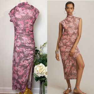 Anthropologie The Maya Ruched Cowl-Neck Mesh Midi Dress | Large | Pink Floral Pr